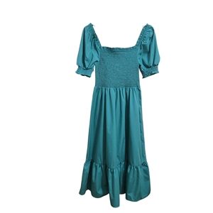 Lark + Grey Elegant Green Midi Dress with Puff Sleeves Size L Cottage Core Boho